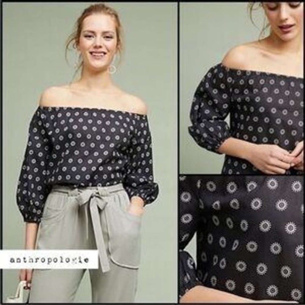 Maeve Anthropologie Navy Blue Sunburst Print Off the Shoulder Cotton Blouse S